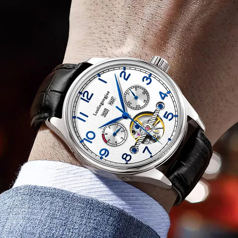 Men's stainless steel mechanical business watch with sapphire glass and leather strap