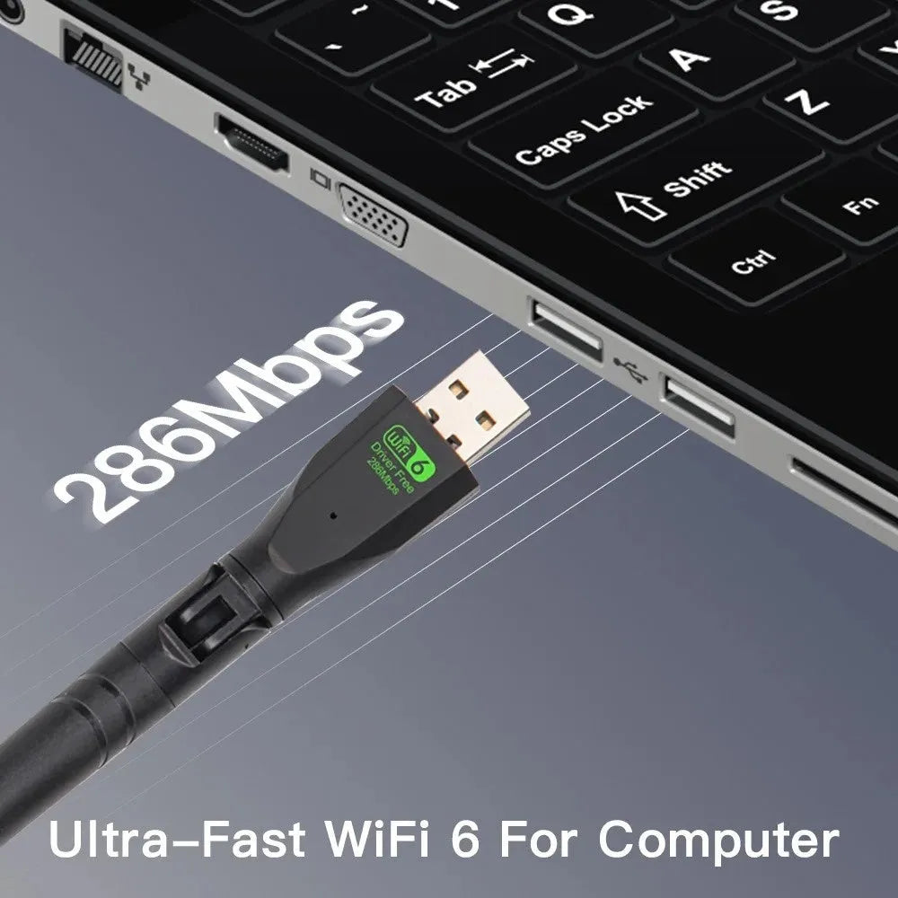 Black WiFi 6 wireless network card with USB connector for computer connectivity