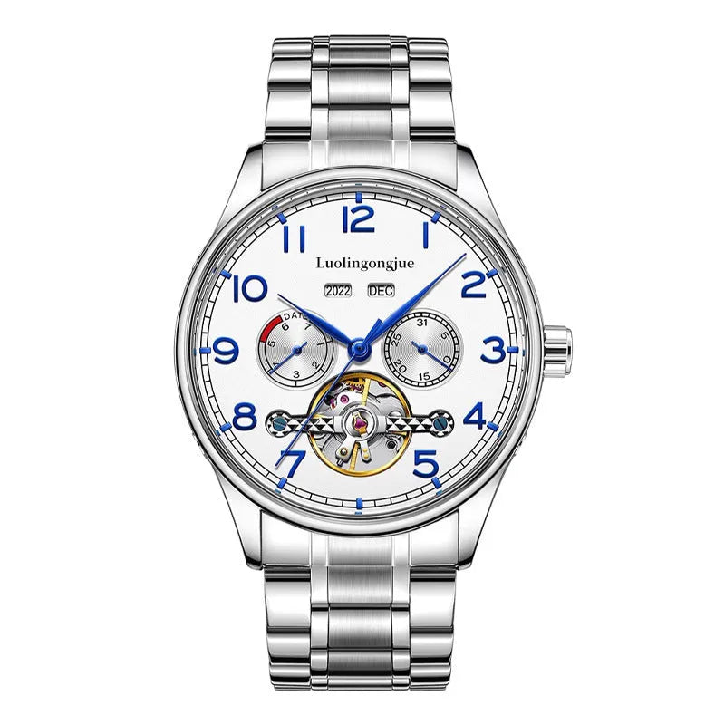 Men's stainless steel mechanical business watch with sapphire glass and leather strap