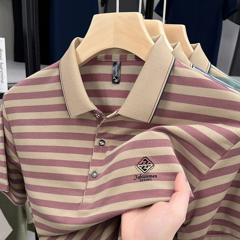 Men's striped short sleeve casual shirt with mosaic pattern in polyester fibre