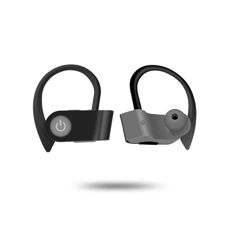 Black wireless Bluetooth earphones with ergonomic design shown with a charging case.