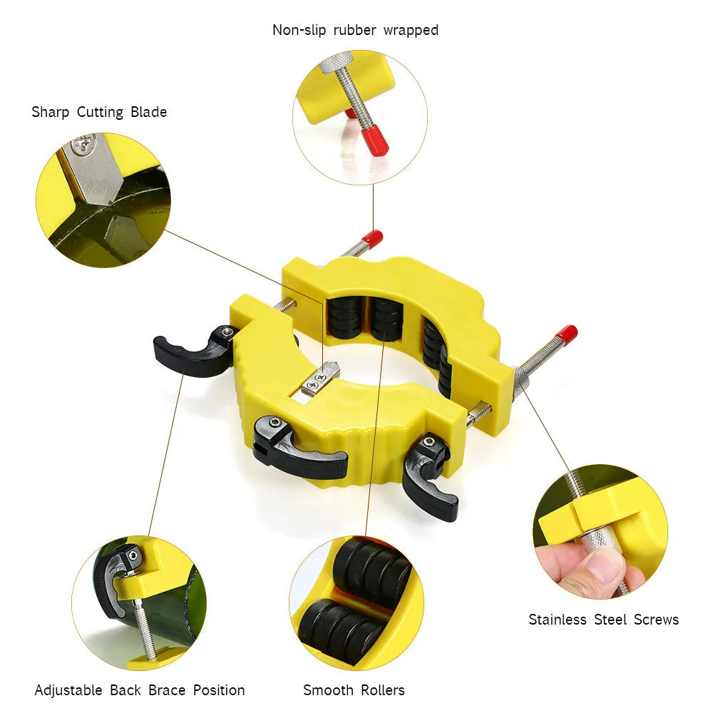 Yellow adjustable bottle cutting tool for glass bottles on a wooden table.