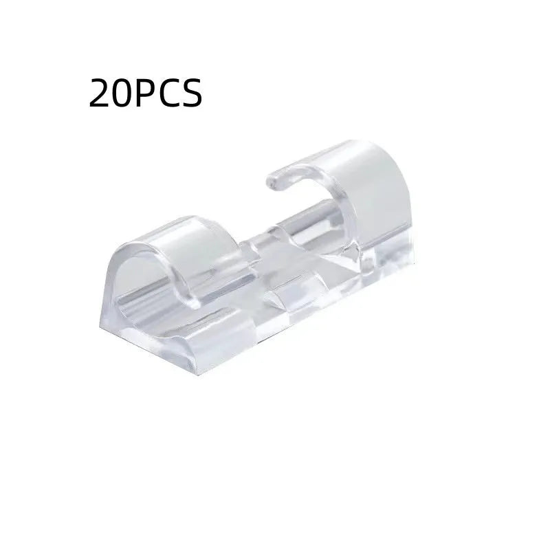 Transparent self-adhesive plastic cable clips in four different sizes for wire management.