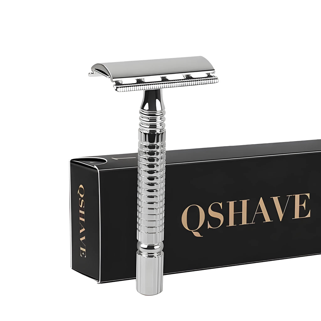 Chrome-plated double edged safety razor with storage box and replacement blade