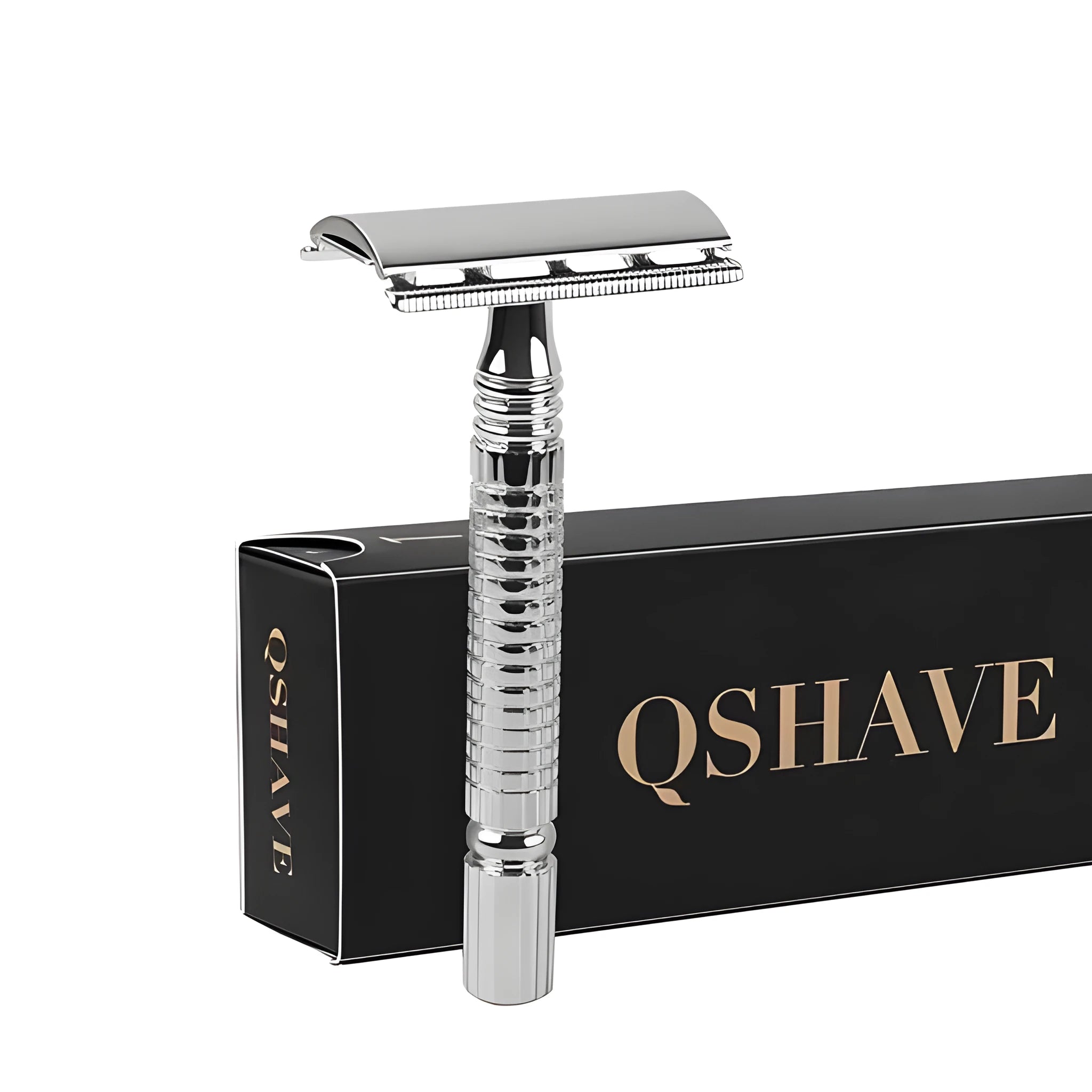 Chrome-plated double edged safety razor with storage box and replacement blade