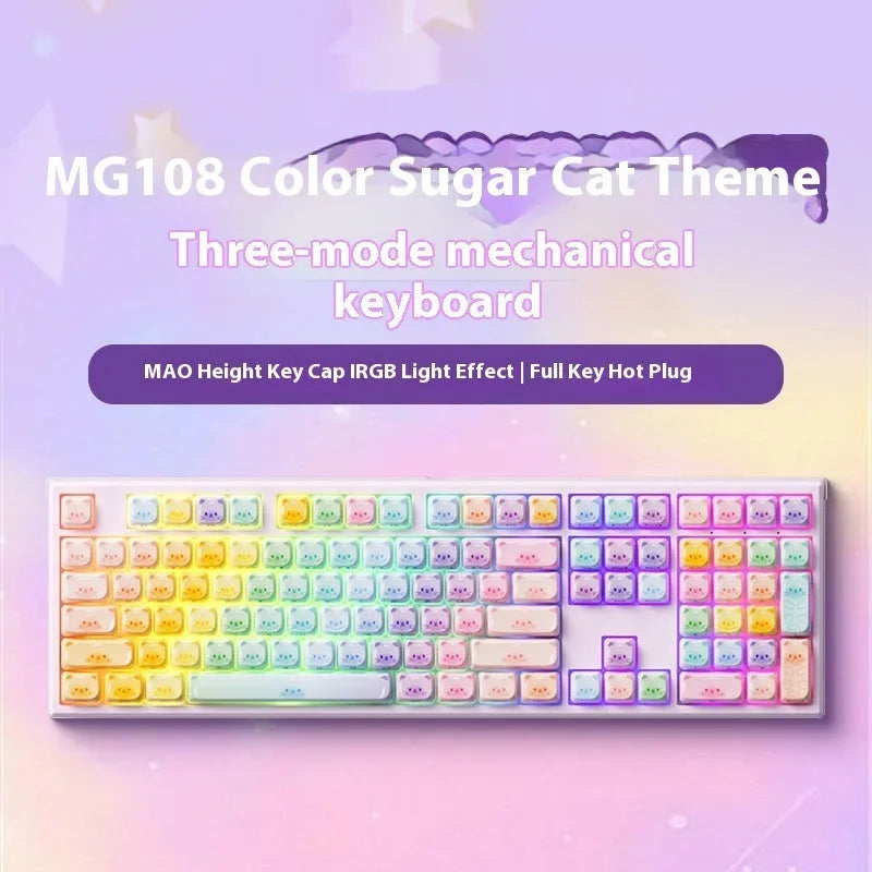 Colour Sugar Cat mechanical keyboard with Bluetooth connectivity showing MG108B Piano Shaft switches