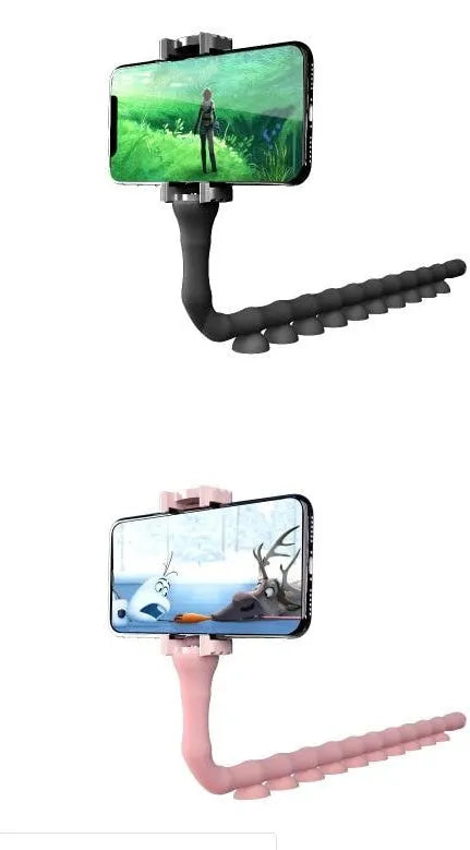 Flexible mobile phone holder with suction cup on desktop showing 360-degree rotation