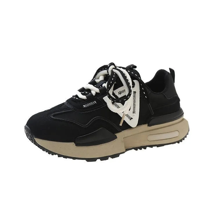 Women's black retro platform sports shoes with a round toe and lace-up front.