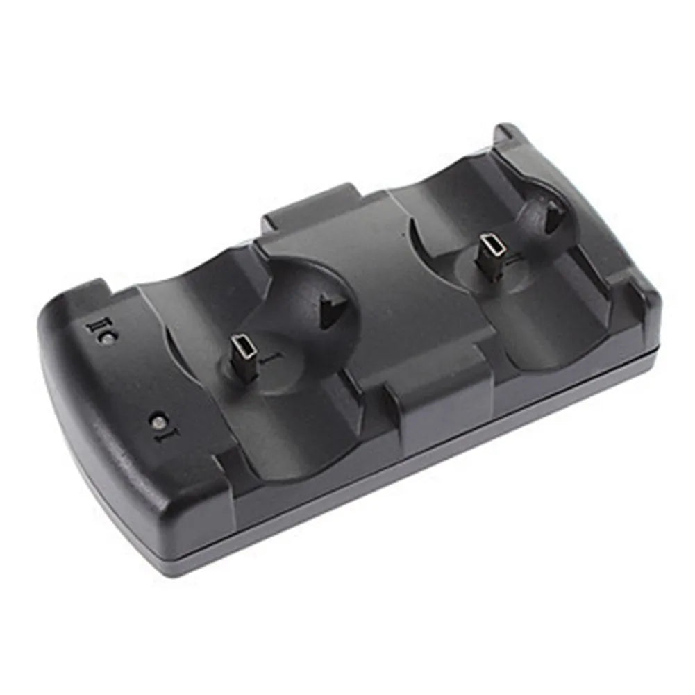 Black PlayStation 3 dual controller charging dock with USB cable