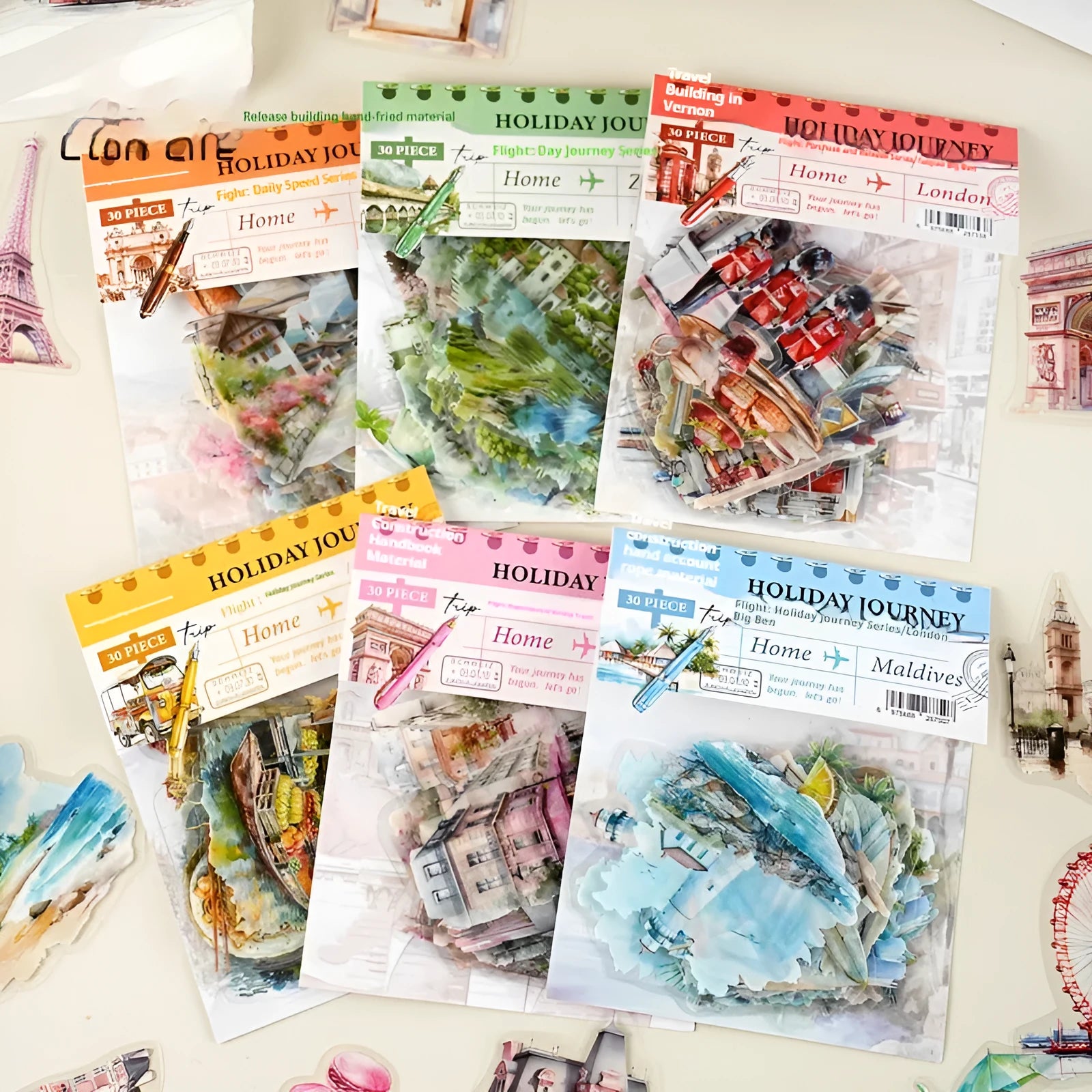 Holiday Journey Series retro architecture journal stickers showing six landmark designs.