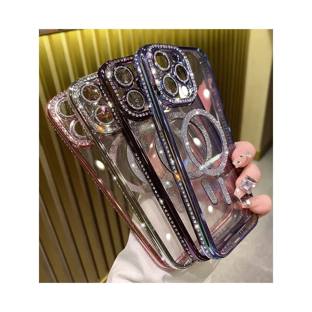 Wireless magnetic drop-resistant iPhone case in dark purple with electroplated back and soft silicone edges.