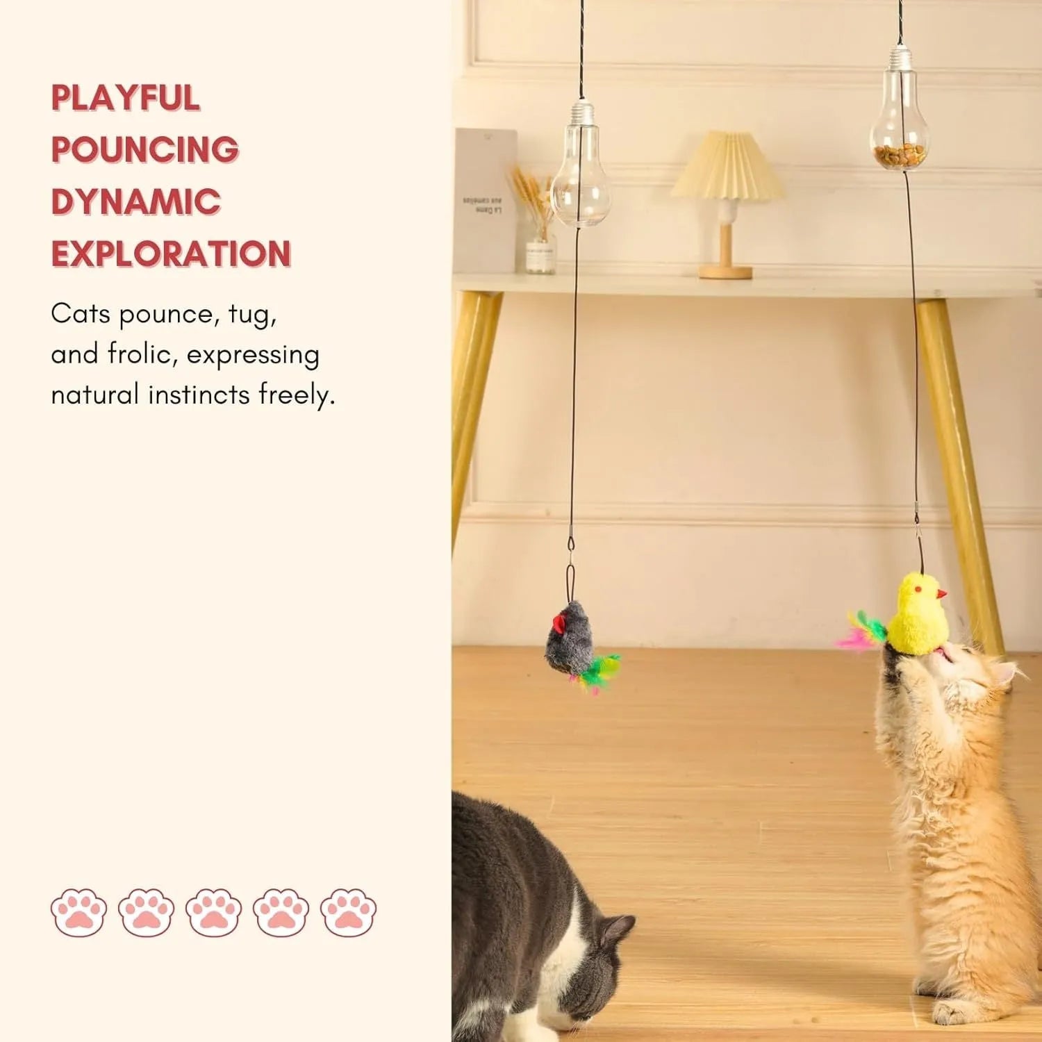 Interactive cat toy hanging on door frame with treat bulb and dangling mouse toy on elastic rope