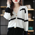 Women's slim fit striped knitted cardigan with V-neck, 3D pattern, and button front in multiple colours.