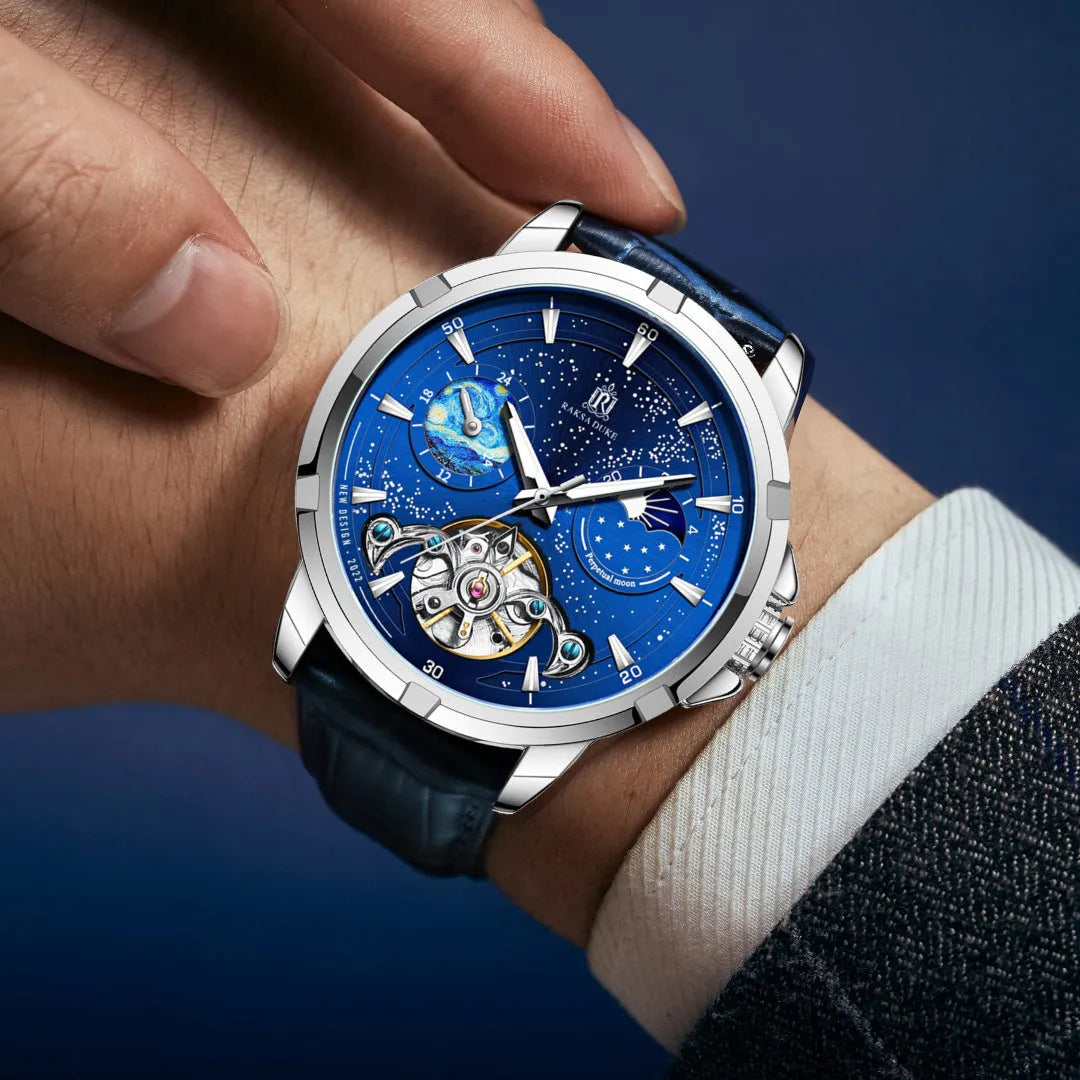 Men's automatic mechanical watch with blue dial and analogue display