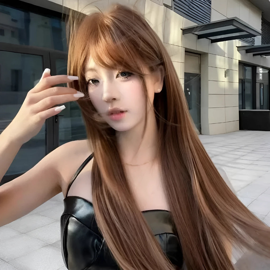 Warm brown long straight synthetic wig with bangs made from high-temperature fibre