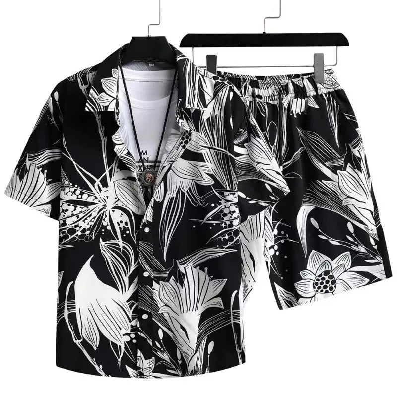 Men's casual cardigan suit set with digital printed short sleeve shirt and elastic shorts in polyester fabric