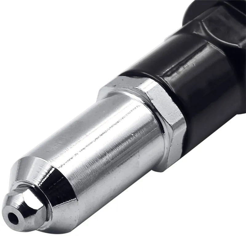 Black metal electric drill rivet gun with alloy steel head, 173mm long, for aluminium and automotive riveting