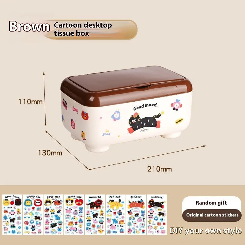 Cartoon-style plastic desktop organiser with grid compartments and labelling stickers for stationery storage