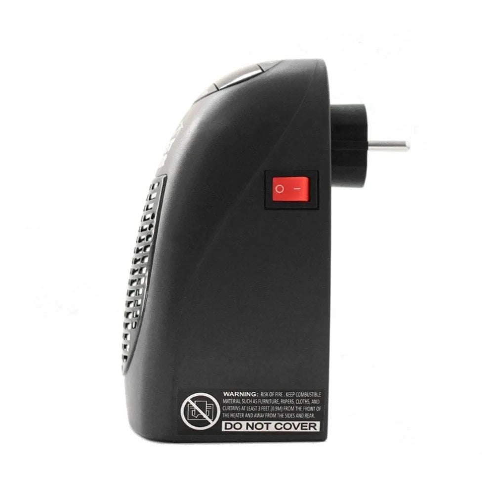 Black mini ceramic electric heater with digital display and a rotating three-prong plug on a desk.