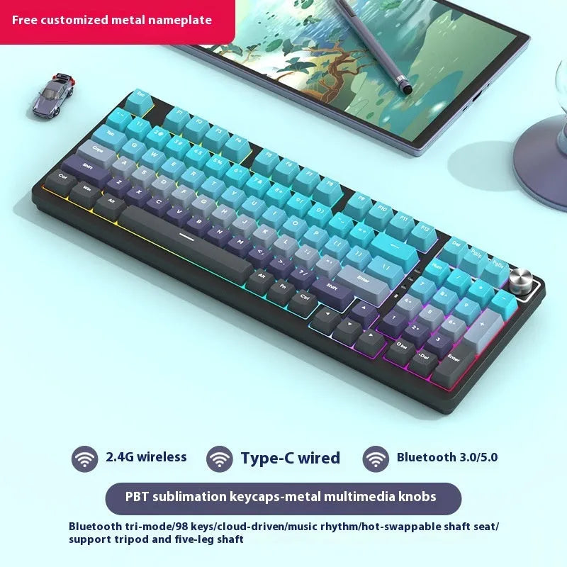 98-key wireless mechanical keyboard kit with metal control knob and optional display screen
