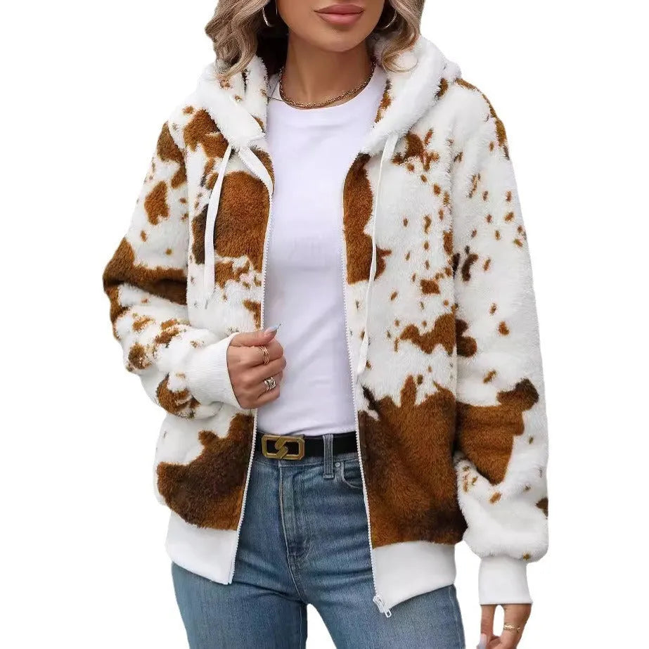 Yellow brown cow animal print hooded cardigan jacket with zipper front and street fashion styling