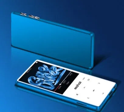 Portable MP3 MP4 player with 2.4-inch touchscreen showing music interface, available in black, silver, blue, and red colours.
