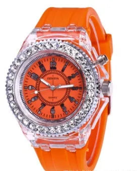 Women's LED luminous watch with colourful dial on silicone strap showing 43mm size
