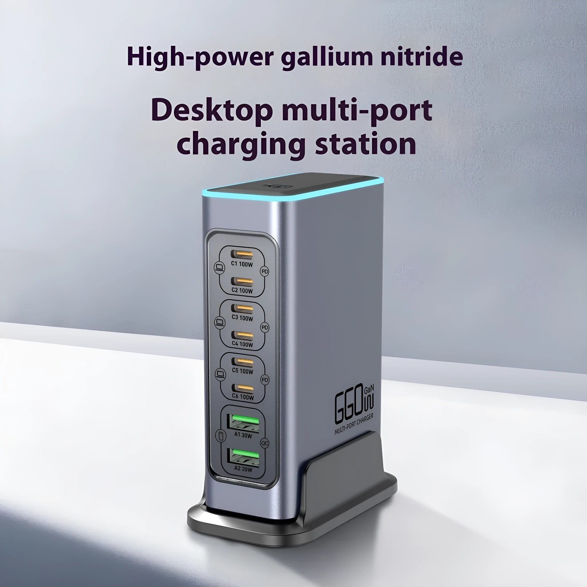 A 660W GaN desktop fast charger with a USB-C port and four international plug adapters for US, UK, EU, and AU outlets.