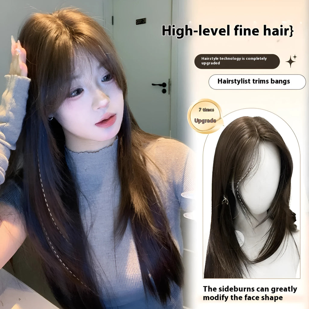 Women's layered long straight full-head synthetic wig in cold brown colour.