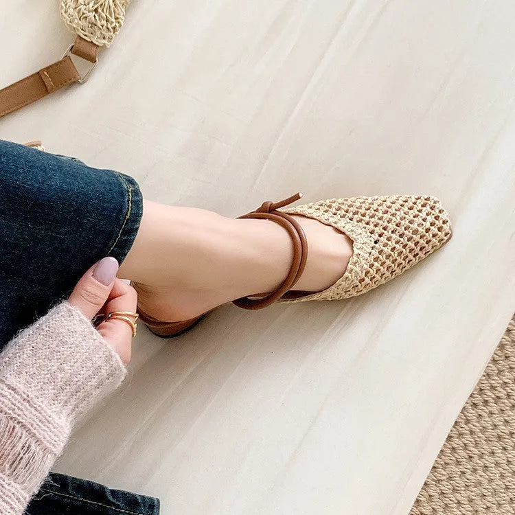 Women's black French retro square toe slippers with hollow-out design and chunky mid heel
