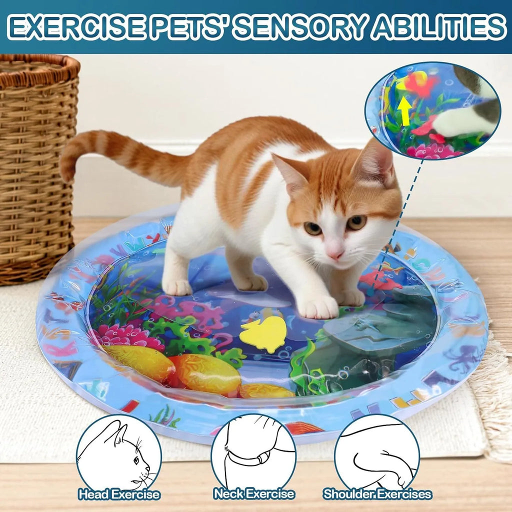 Blue water sensory playmat for cats and dogs on floor, showing inflated edge and floating fish toys inside.