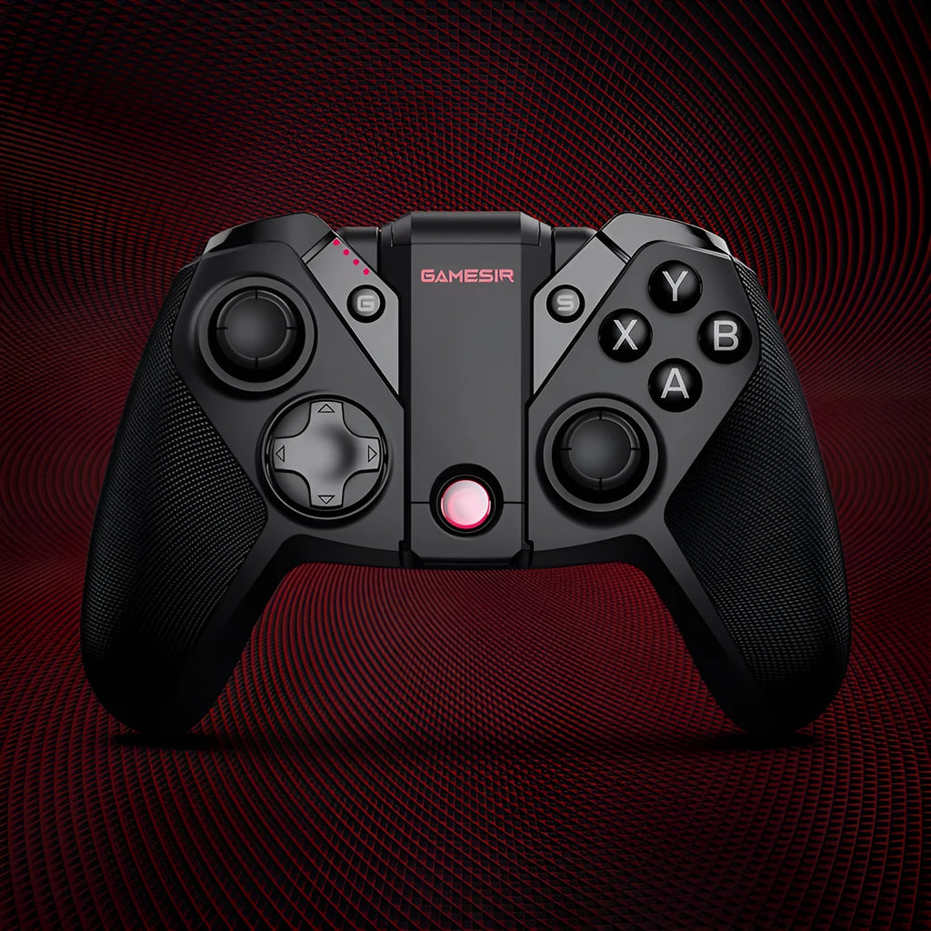 Black game console handle with type-C connector and standard controller layout