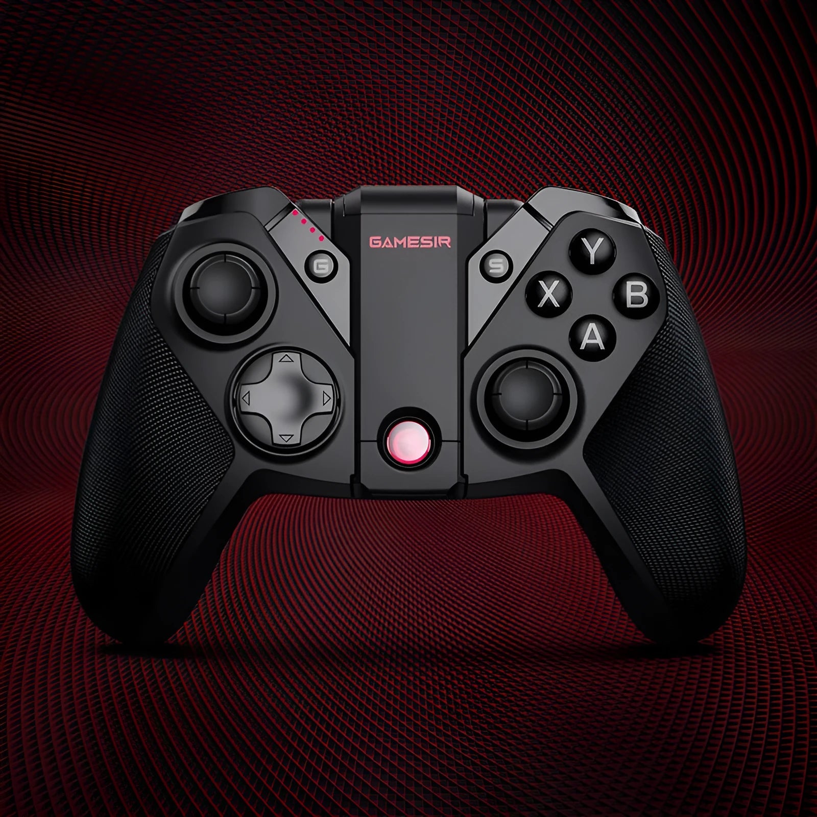Black game console handle with type-C connector and standard controller layout