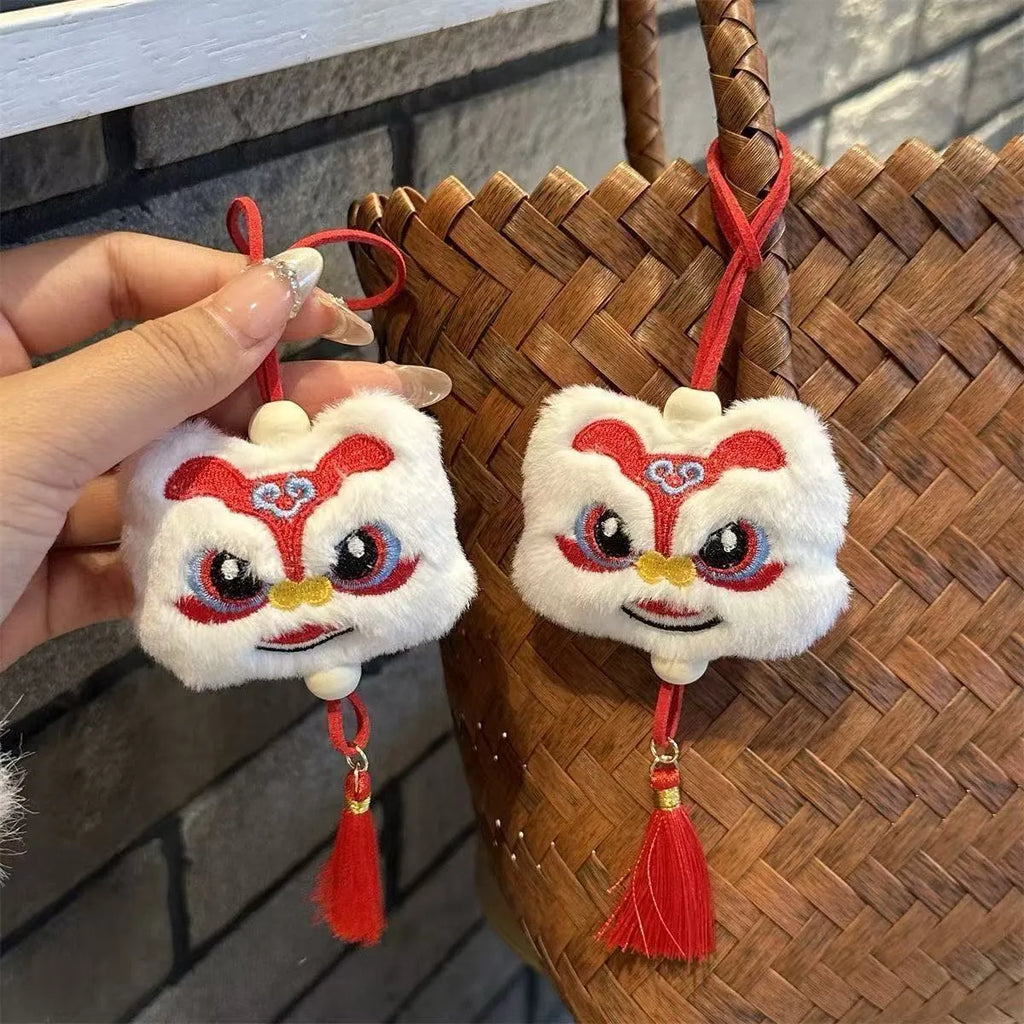 Chinese style handmade plush lion tassel keychain with star stone decoration in blue or yellow colour