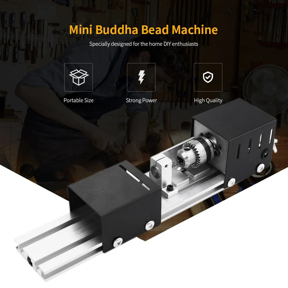 Silver metal mini manual woodworking lathe with carving knives on a workbench
