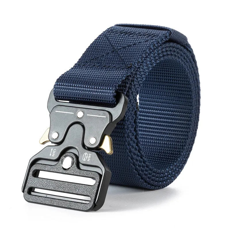 Men's thick canvas tactical belt with alloy release buckle shown in multiple colour options
