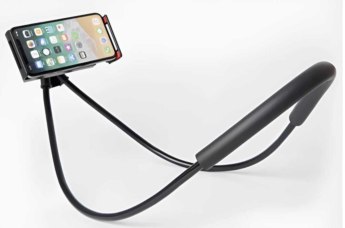 White universal neck phone holder with 360-degree rotating clamp holding a smartphone