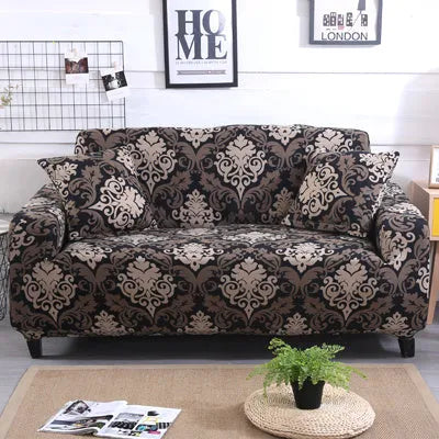 Printed geometric pattern sofa slipcover on a three-seater sofa in modern style