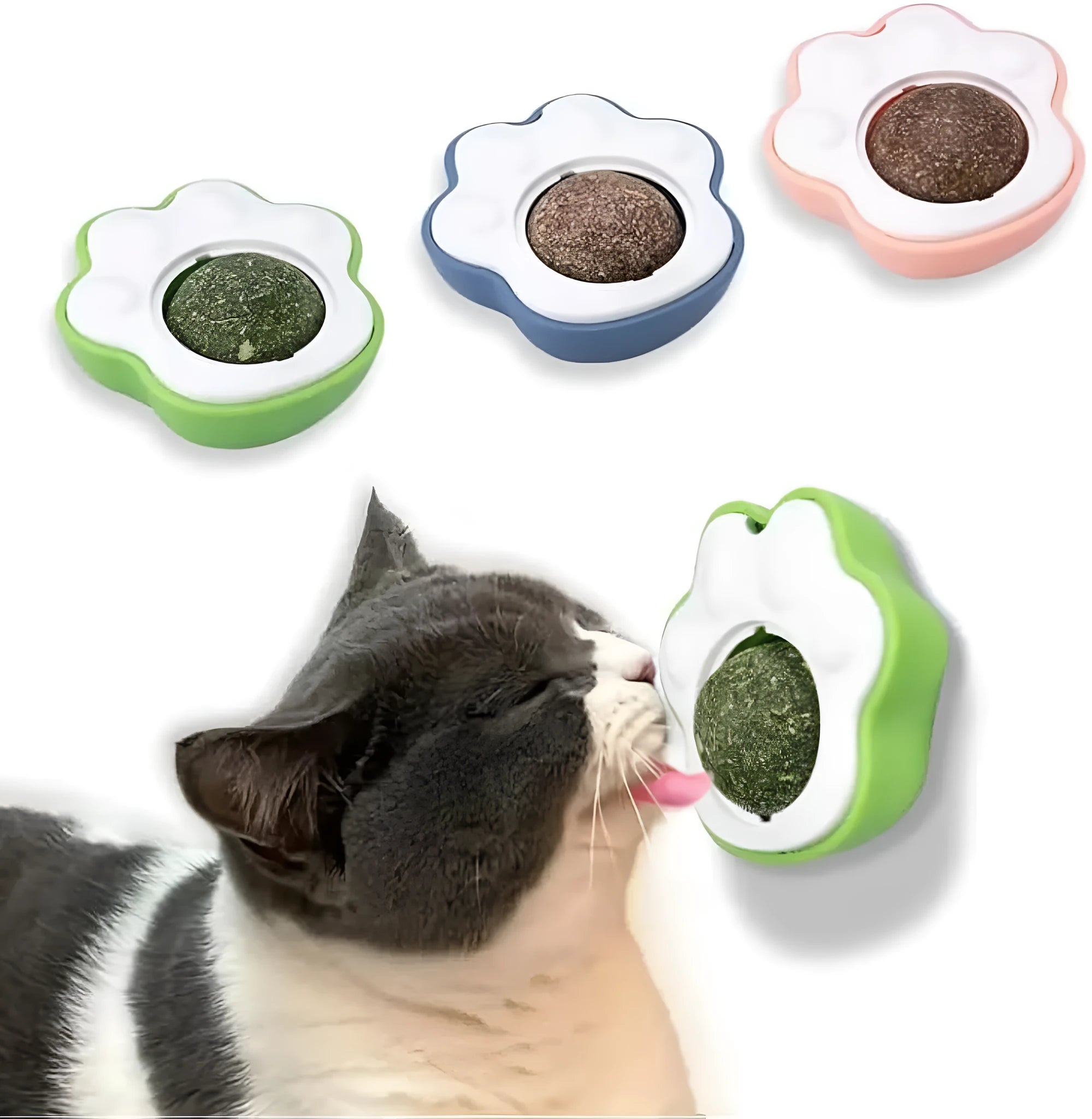 Blue catnip ball with edible vine surface for dental chewing, wall-mounted cat toy