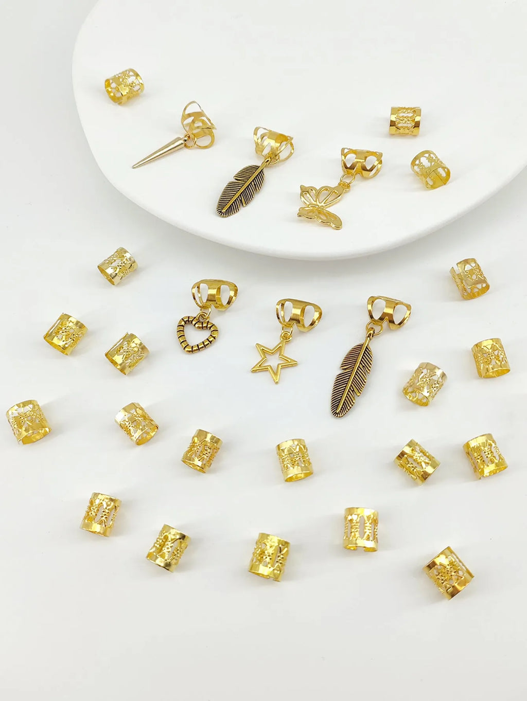26 antique style dirty braid hair rings with leaf design in gold electroplated alloy