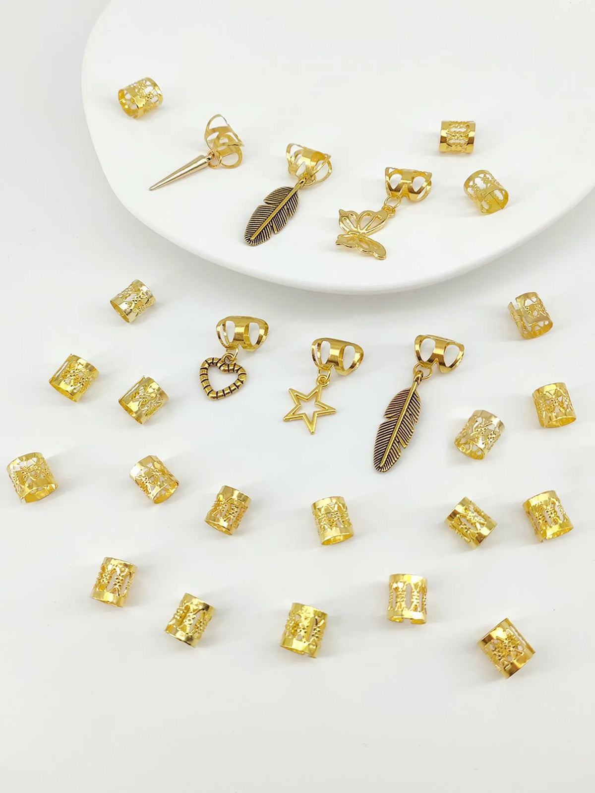 26 antique style dirty braid hair rings with leaf design in gold electroplated alloy