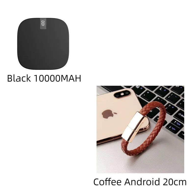 10000mAh mini power bank with LCD display, dual USB ports, and fast input, in red, white, or black.