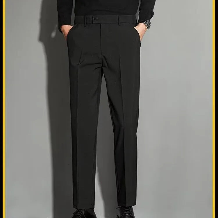Men's straight leg suit trousers in polyester blend fabric with ankle-length cut
