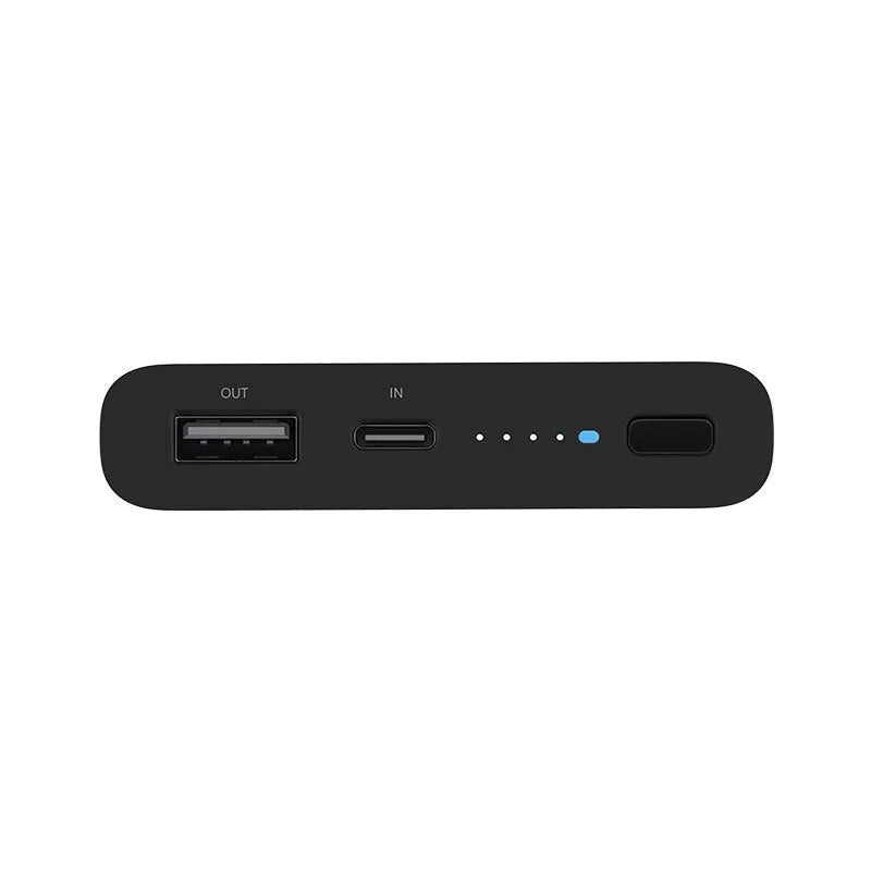 Black and white 10000mAh power bank with USB Type-C port and wireless charging capability