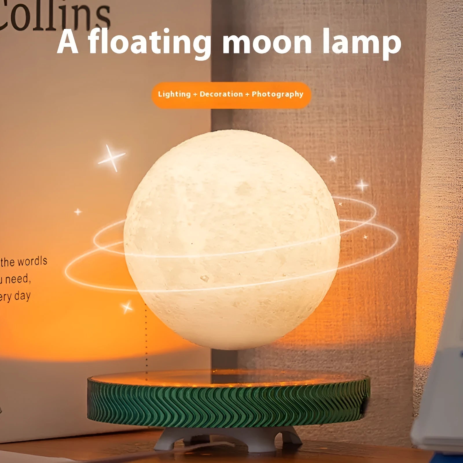 Magnetic levitation moon lamp floating above base with modern 3D printed design