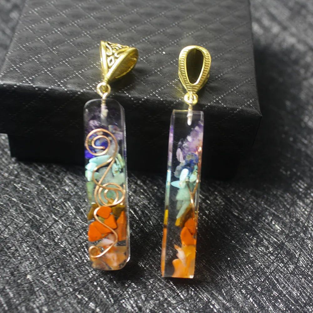 Gravel seven chakra spirit pendant geometric unisex acrylic jewellery with natural crushed stone about 4.5*1*0.8cm