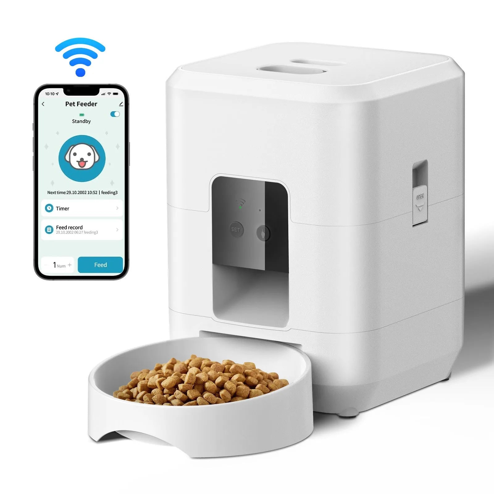 Automatic pet feeder for cats with programmable timing and WiFi remote control