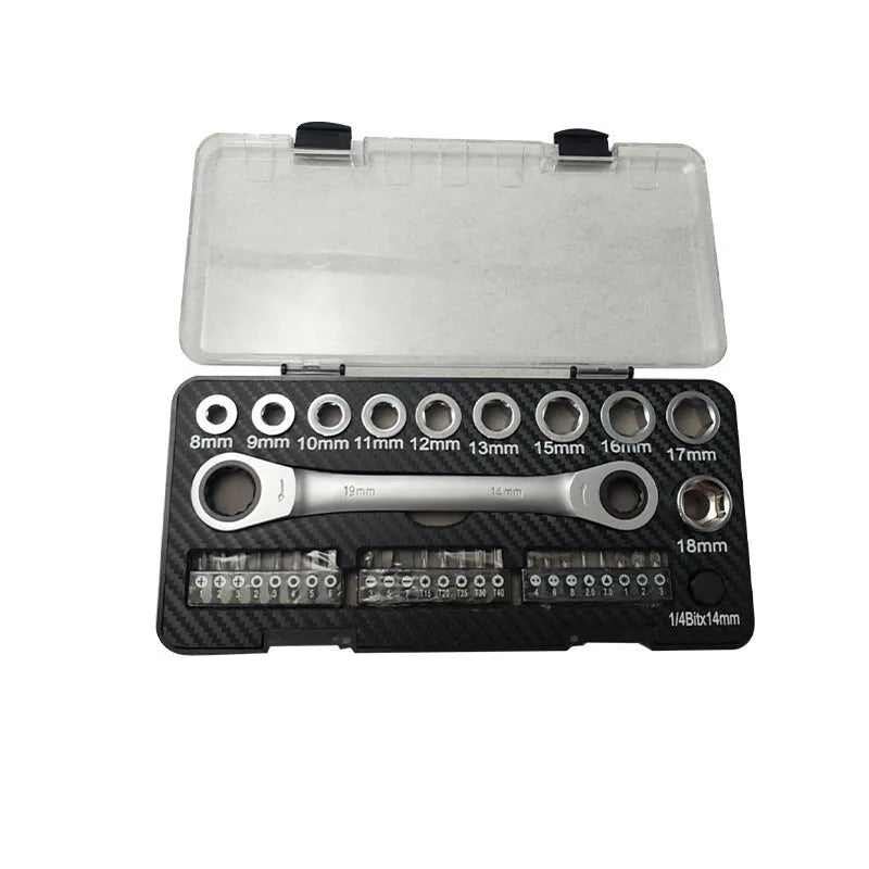 Dual-purpose ratchet wrench set with reversible handle, ten sockets, and three screwdriver bits laid out on a surface.
