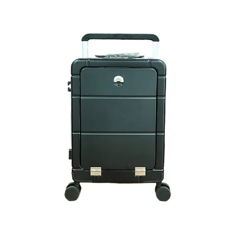 20-inch front opening hard-shell suitcase in black showing wet-dry separation compartment and universal wheels.