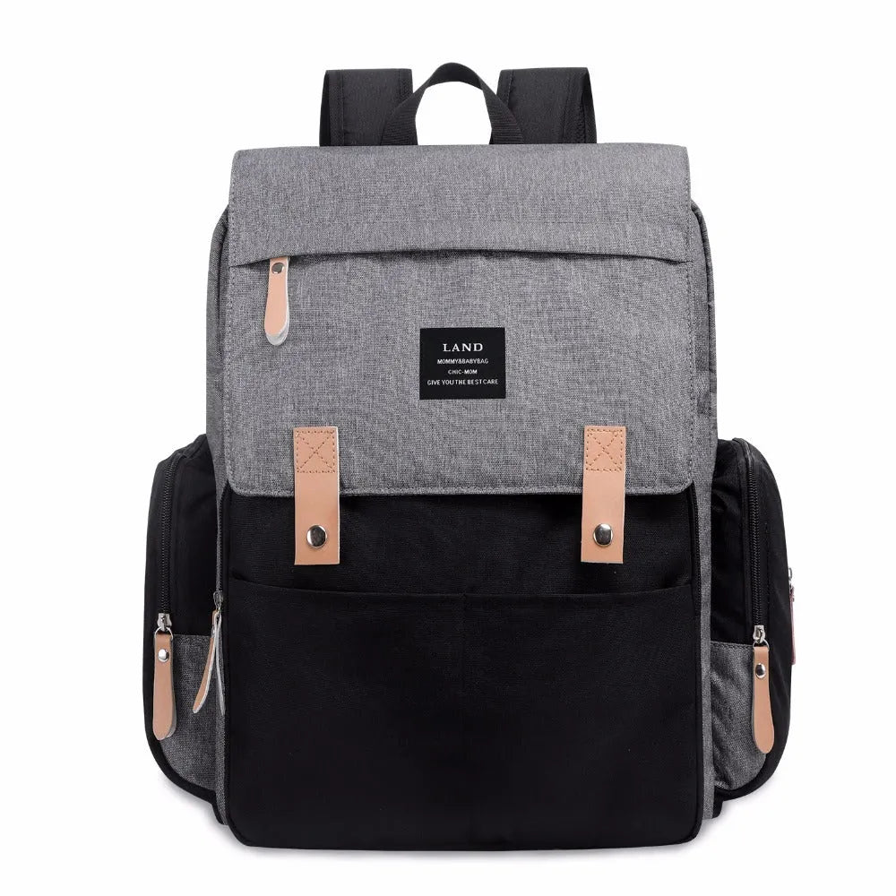LAND grey Oxford cloth mum diaper backpack with changing mat, shown with dimensions